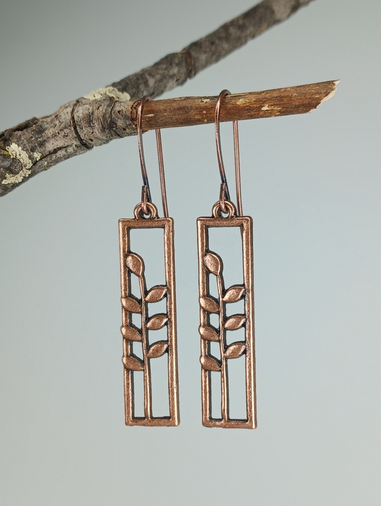 Hand Crafted Jewelry - HAND CRAFTED Copper Botanical Leaf Branch Dangle Earrings Minimalist Rustic Boho